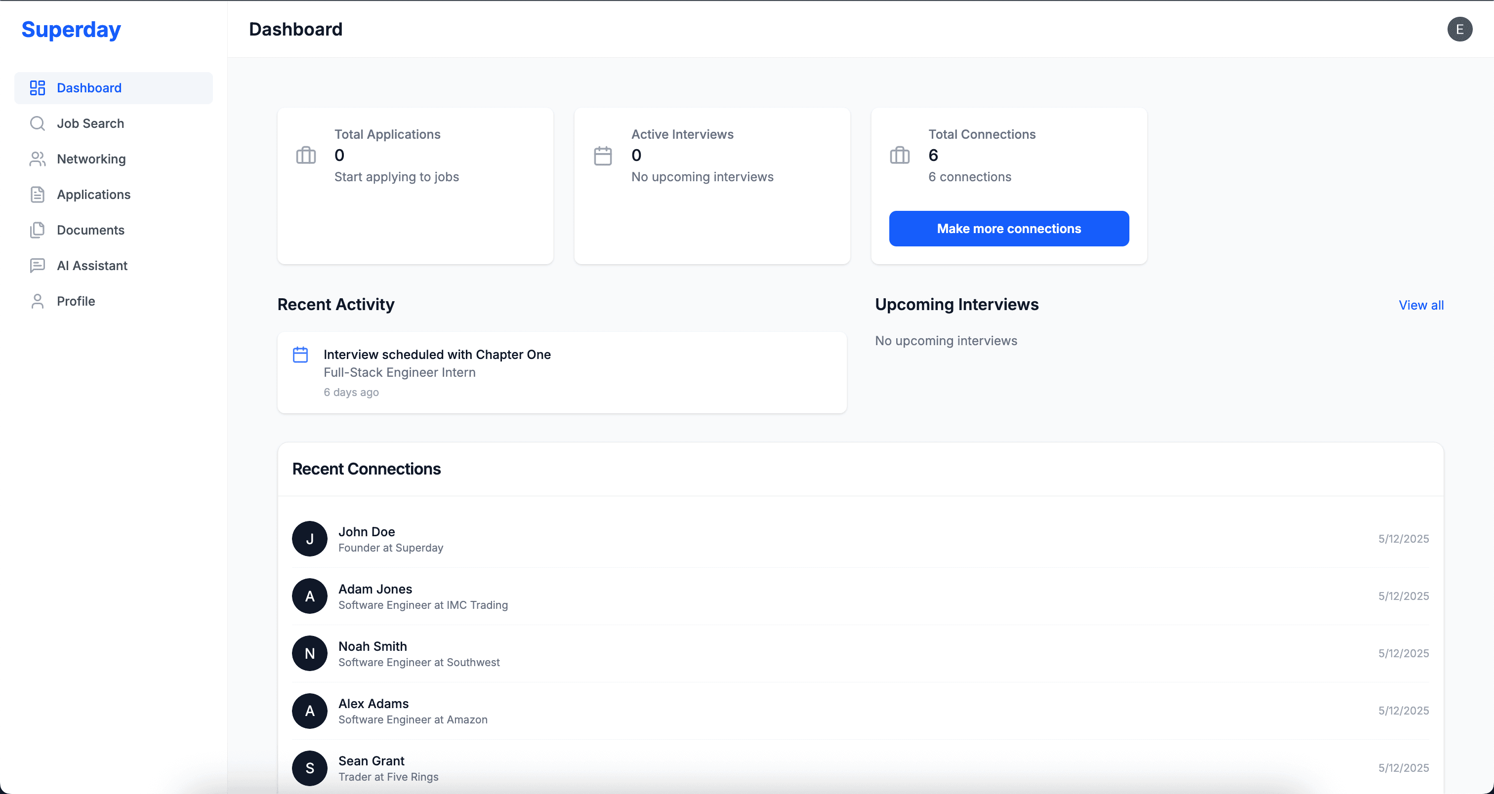 Screenshot of the Superday dashboard showing application stats, interviews, and connections.