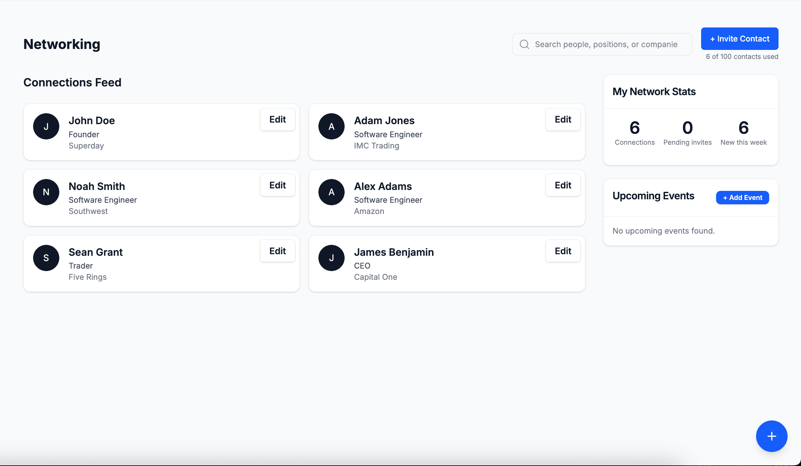Superday's networking hub showing organized contacts and follow-up schedules